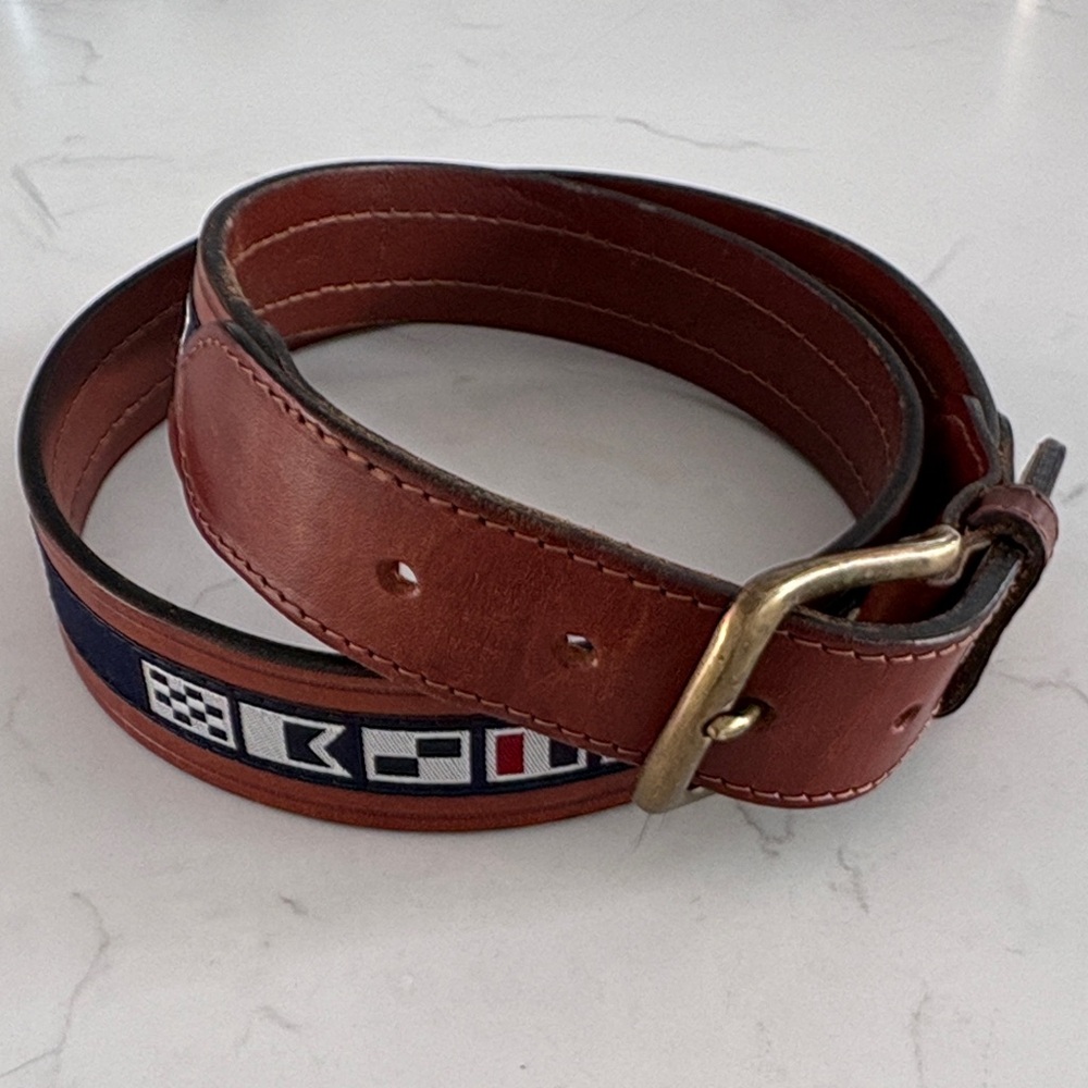 Nautica Leather Belt with Brass Buckle and Flag Designs